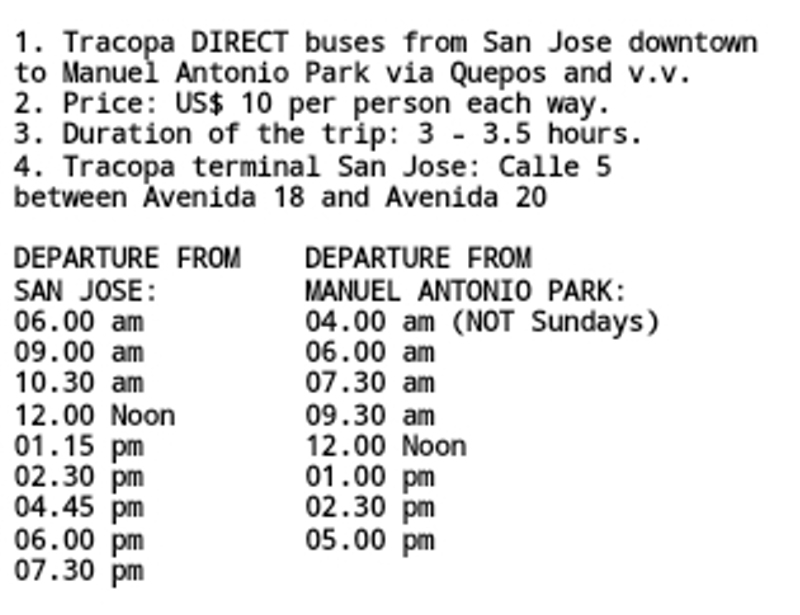 Tracopa direct bus from San Jose to Manuel Antonio Park